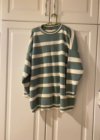 Çizgili Yeşil Gri Triko Kadın Kazak - Görsel 2