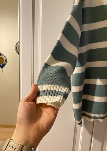 Çizgili Yeşil Gri Triko Kadın Kazak - Görsel 8