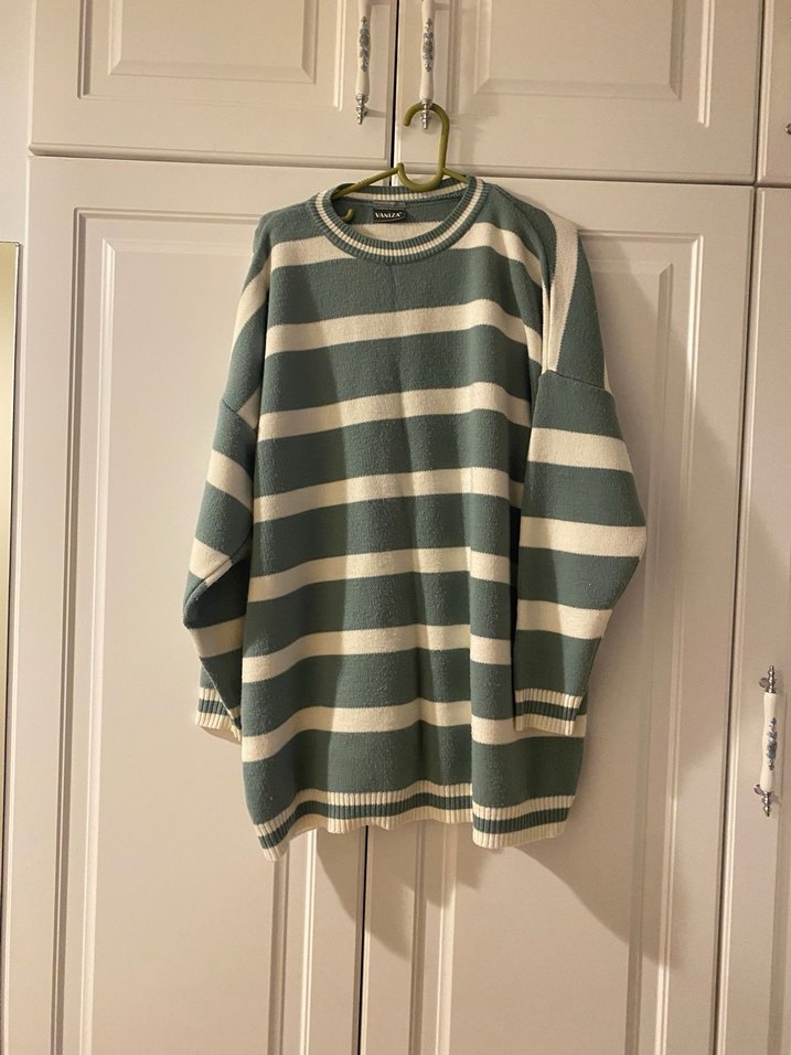 Çizgili Yeşil Gri Triko Kadın Kazak - Görsel 2