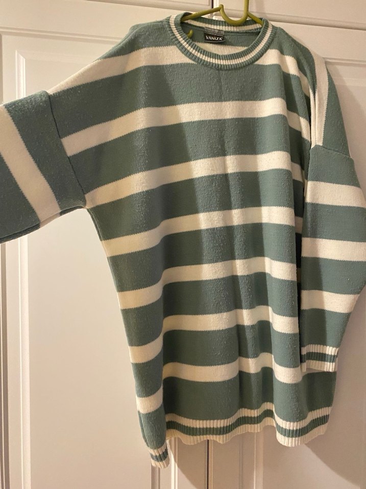Çizgili Yeşil Gri Triko Kadın Kazak - Görsel 5