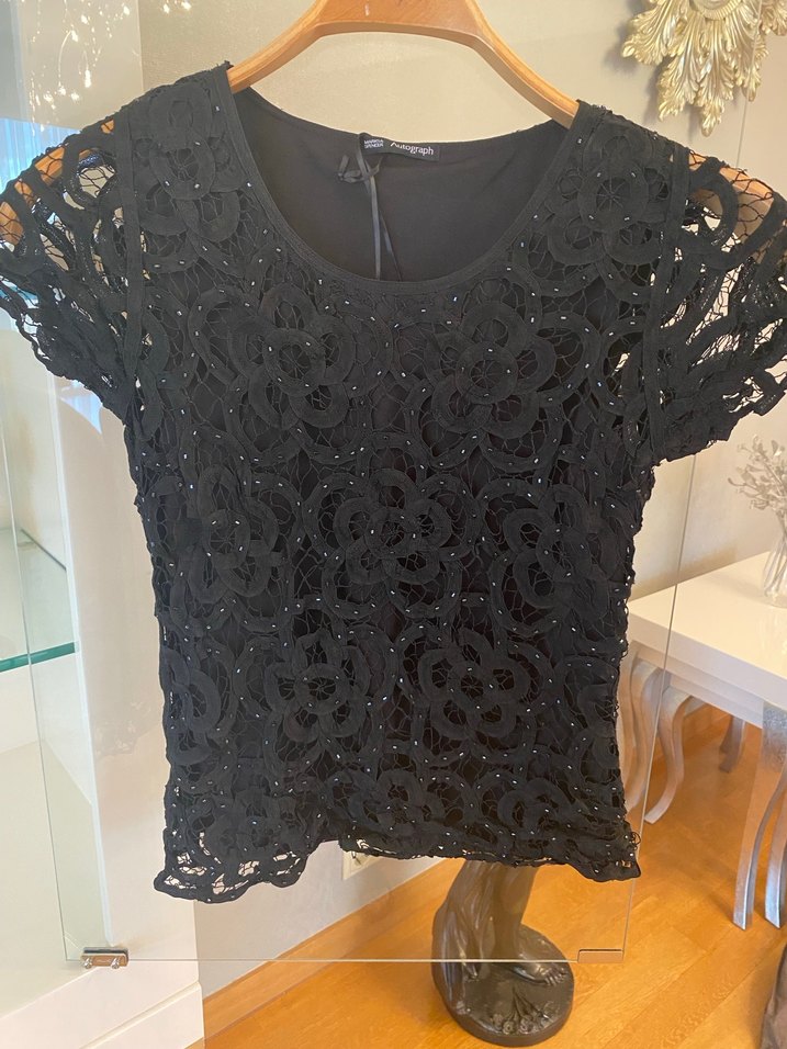 Dantel İşlemeli Siyah Kısa Kollu Bluz - Görsel 2