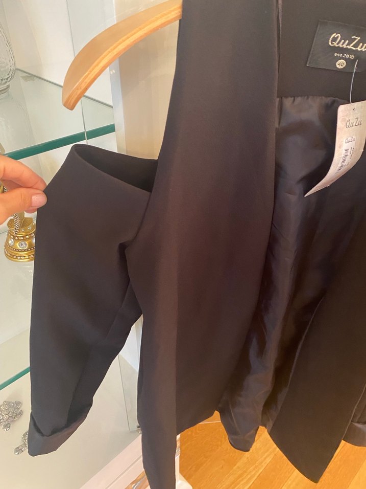 QuZu Siyah Kolsuz Midi Blazer - Görsel 4