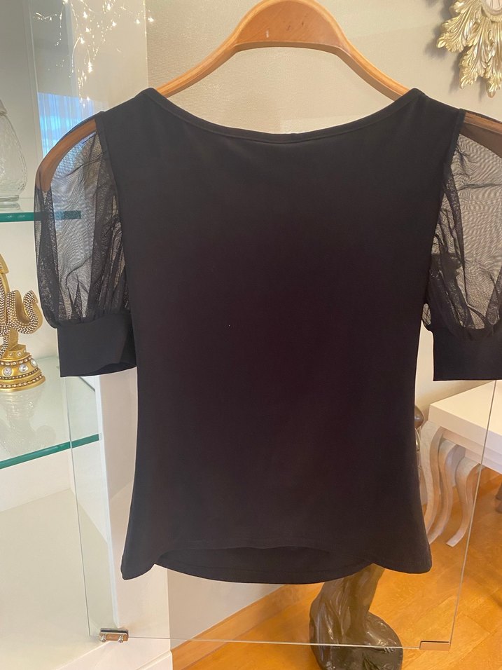 Siyah Mini Bluz, Kısa Kollu, taş Detaylı - Görsel 4