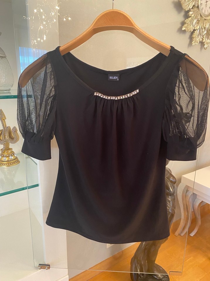 Siyah Mini Bluz, Kısa Kollu, taş Detaylı - Görsel 2