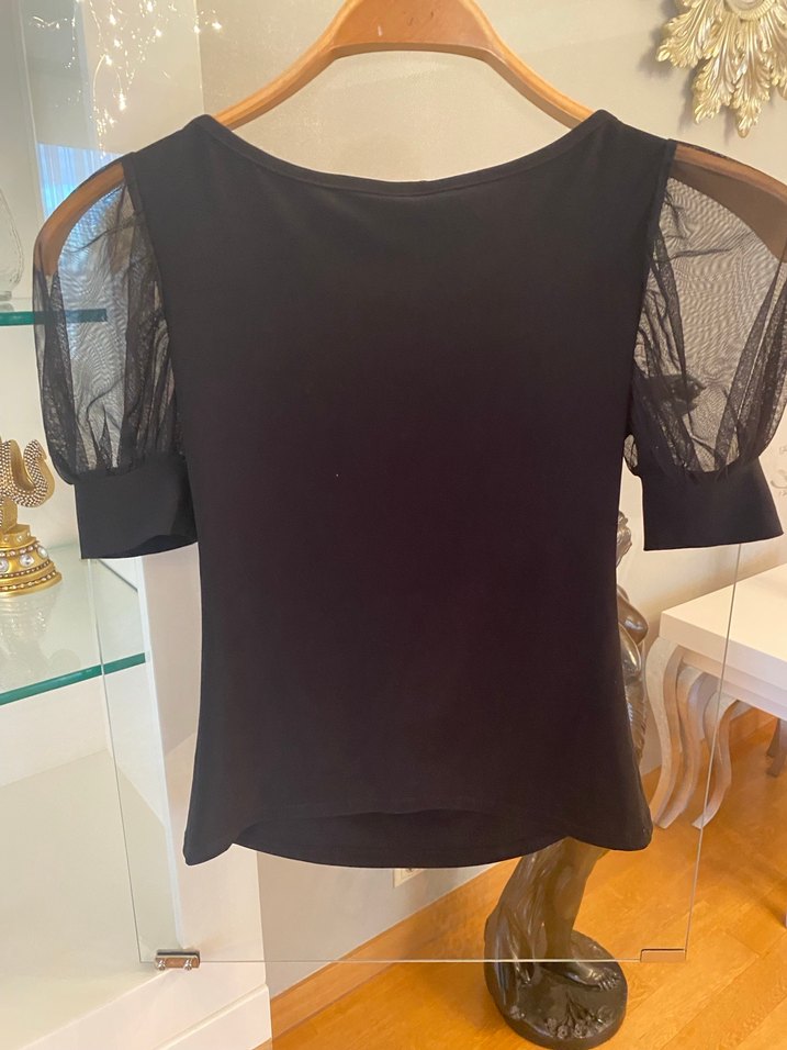 Siyah Mini Bluz, Kısa Kollu, taş Detaylı - Görsel 3