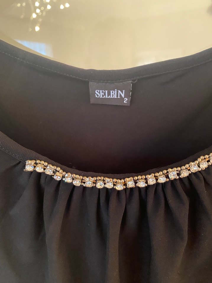 Siyah Mini Bluz, Kısa Kollu, taş Detaylı - Görsel 5