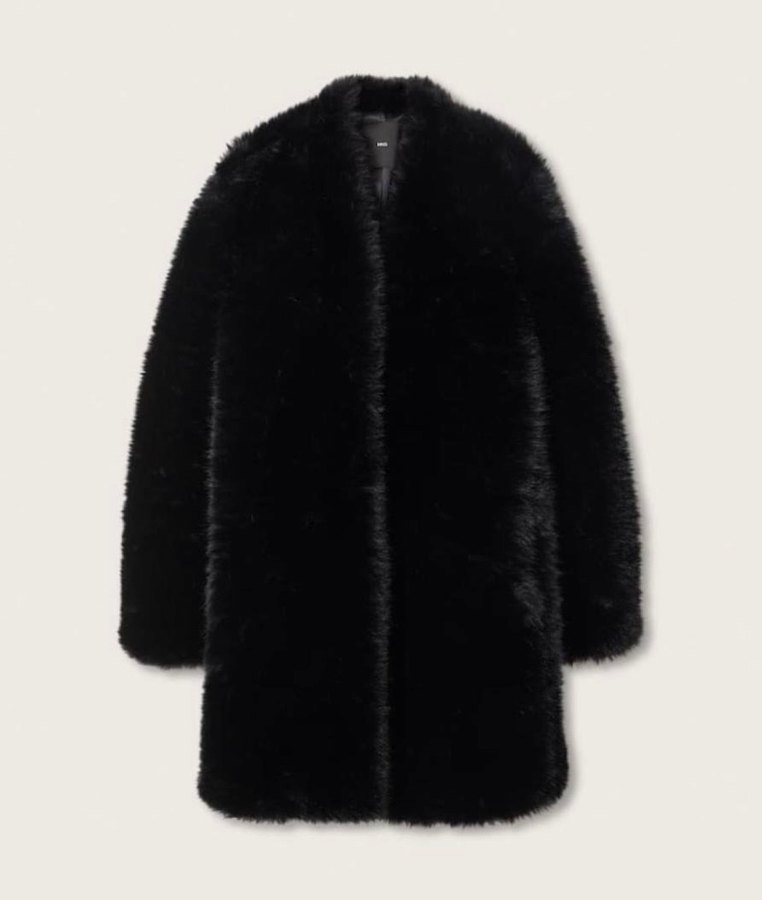 Siyah mango 
 Midi Kadın Suni Kürk, Notched Yaka - Görsel 3