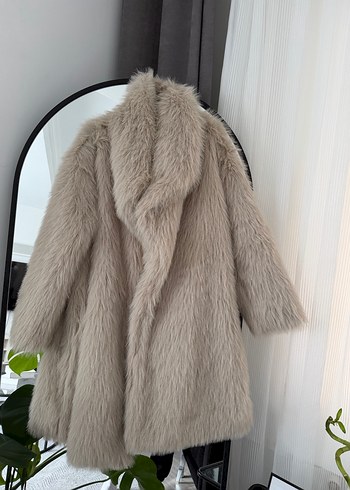 Kadın Bej Midi Kabarık Suni Kürk Mont - Görsel 2