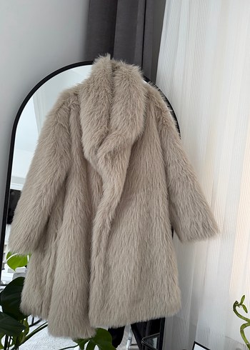 Kadın Bej Midi Kabarık Suni Kürk Mont - Görsel 3