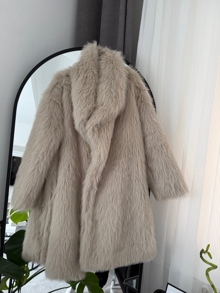 Kadın Bej Midi Kabarık Suni Kürk Mont - Görsel 2