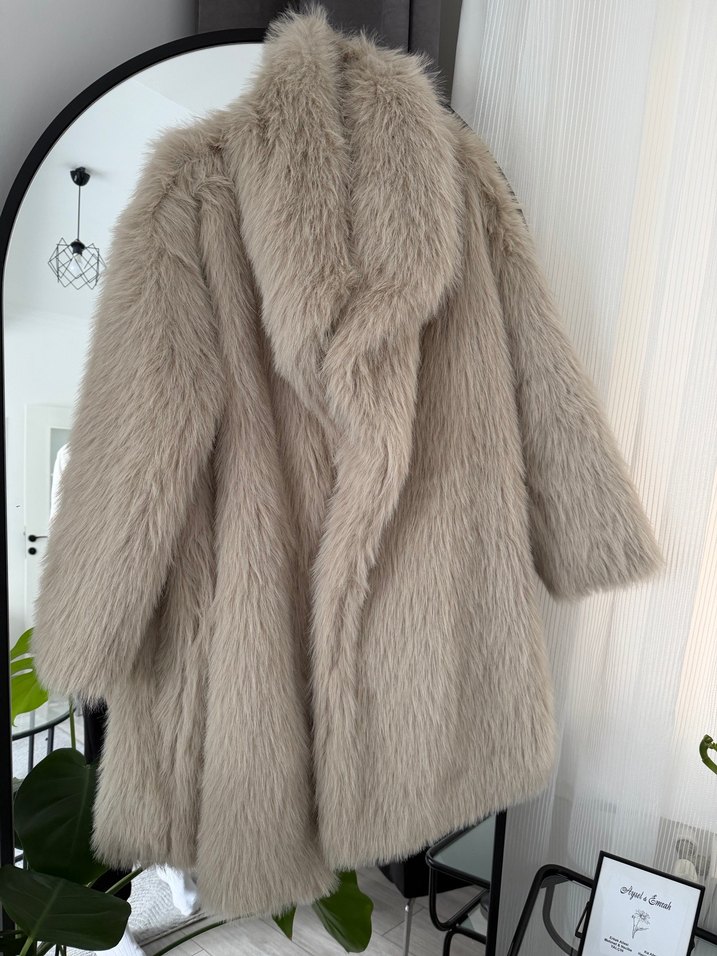 Kadın Bej Midi Kabarık Suni Kürk Mont - Görsel 4