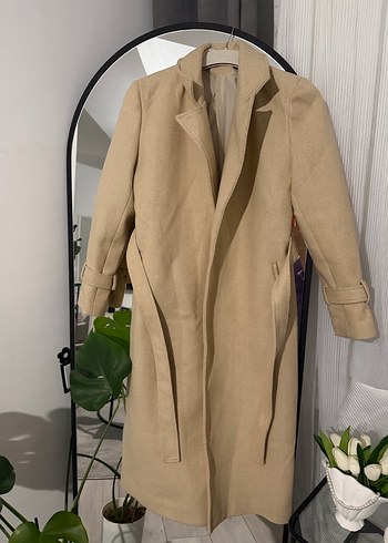 Bej Kemerli Uzun Kadın Keten Kaban - Görsel 2