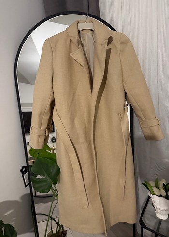 Bej Kemerli Uzun Kadın Keten Kaban - Görsel 3