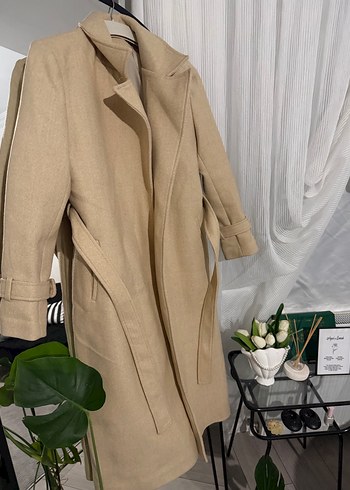 Bej Kemerli Uzun Kadın Keten Kaban - Görsel 4