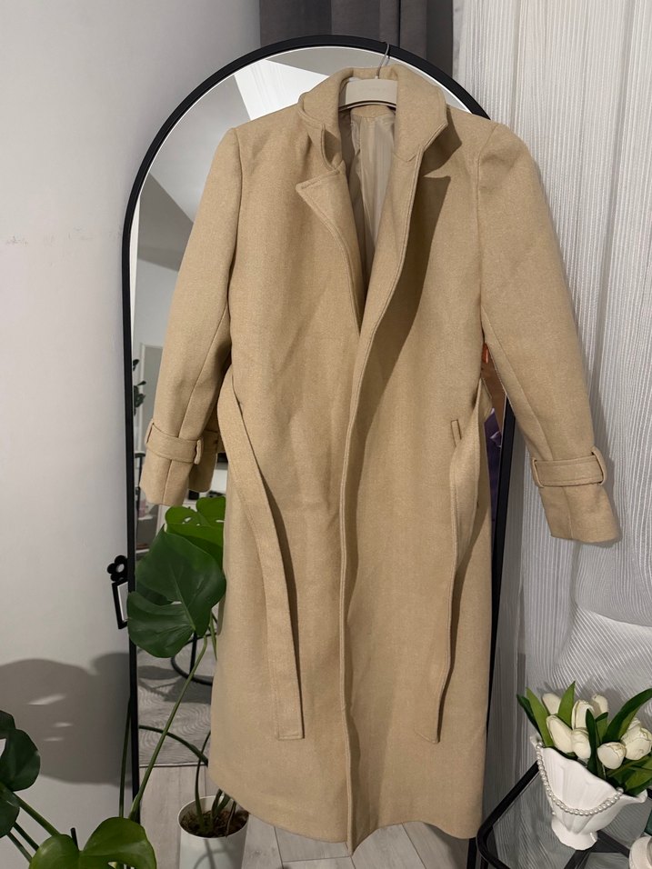 Bej Kemerli Uzun Kadın Keten Kaban - Görsel 2