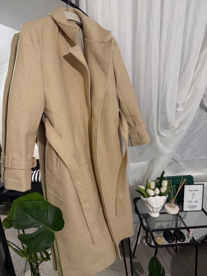 Bej Kemerli Uzun Kadın Keten Kaban - Görsel 4