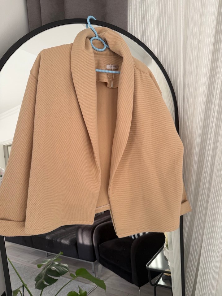 Bej Midi Kadın Ceket Drapeli Notch Yaka - Görsel 3