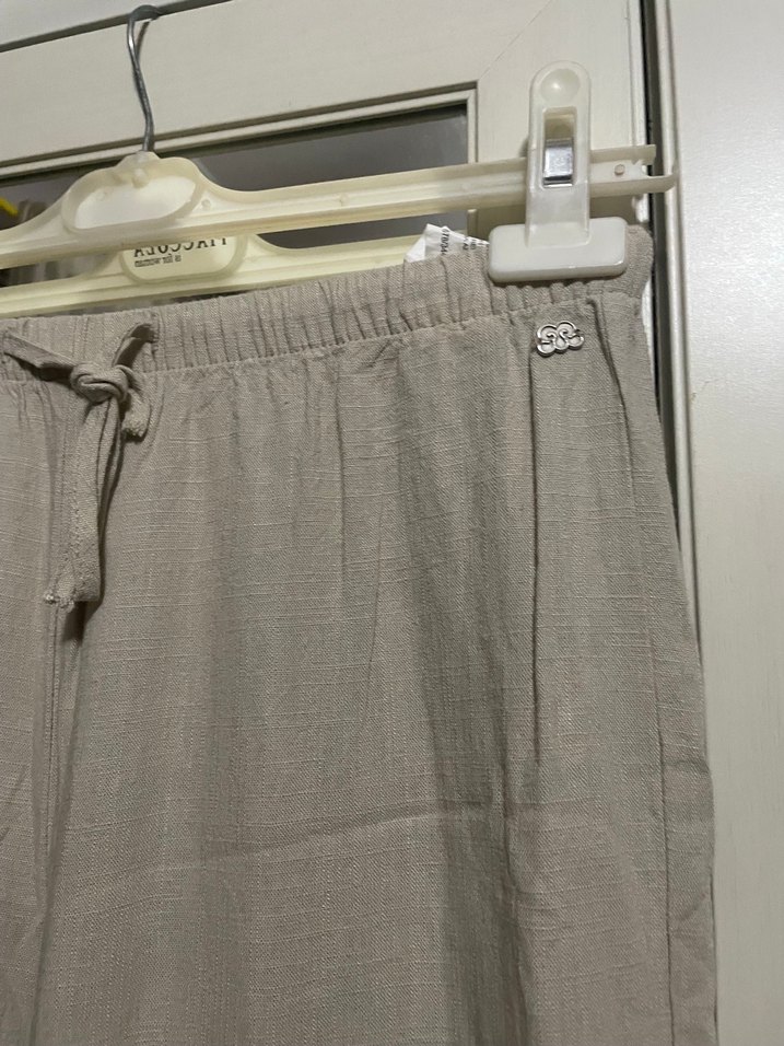 Bej Kadın Rahat Kesim Midi Keten Pantolon - Görsel 3