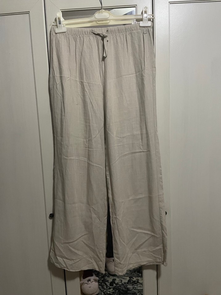 Bej Kadın Rahat Kesim Midi Keten Pantolon - Görsel 2