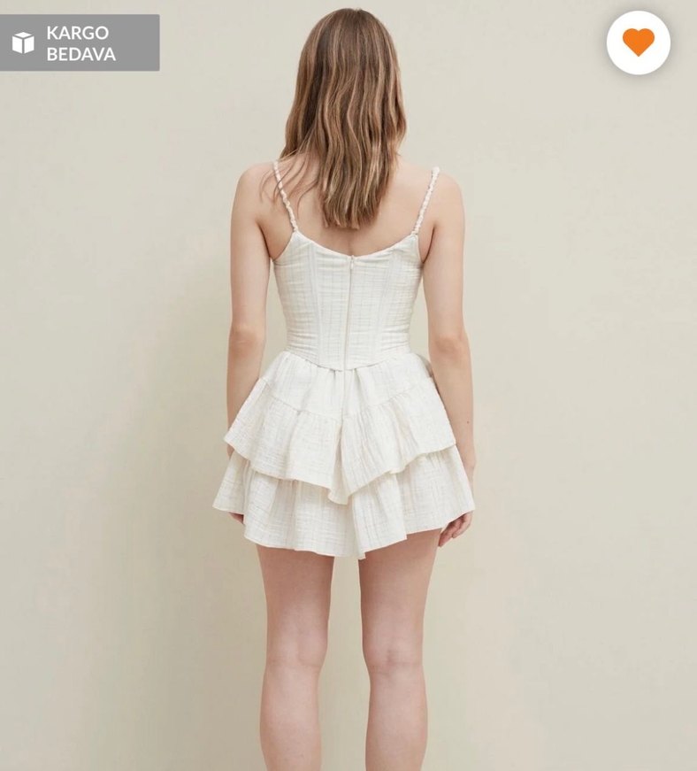 Sagaza Bej Dantelli Fırfırlı Keten Işıltılı Midi Elbise - Görsel 3