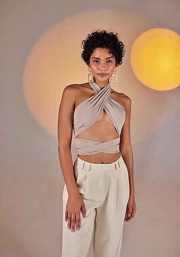 m Beden camel Renk Holly lolly crop wrap top bej