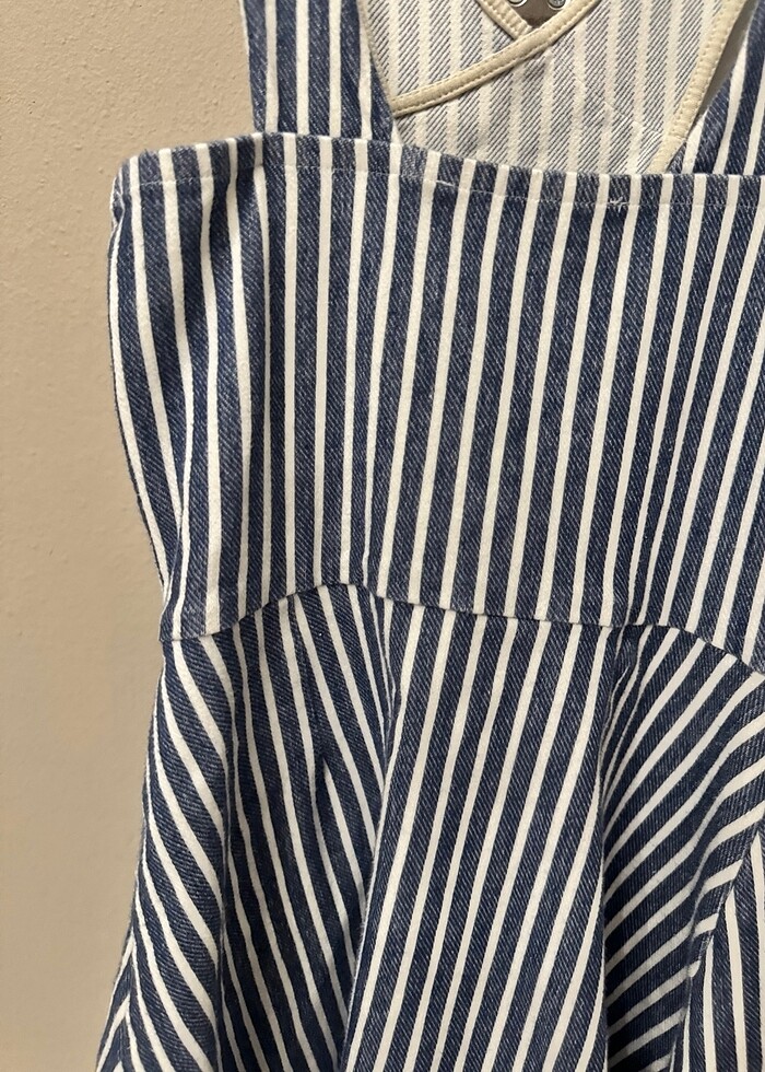 Volan etekli lacivert çizgili elbise - Görsel 4