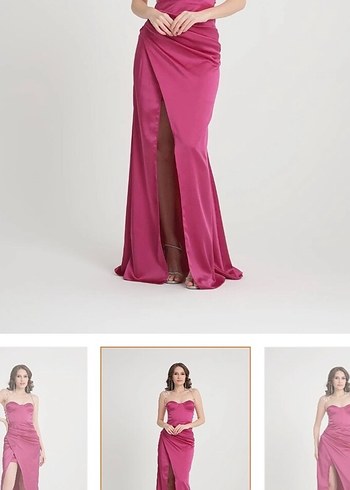 Abiye Nişan Elbisesi Pembe Uzun Drapeli Straplez - Görsel 3