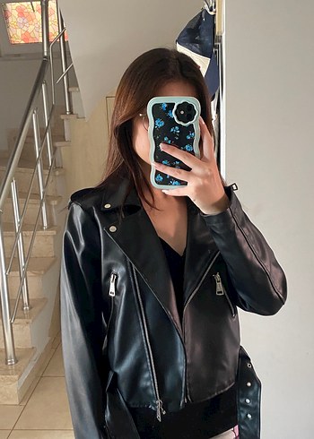 Siyah Parlak Deri Biker Ceket
