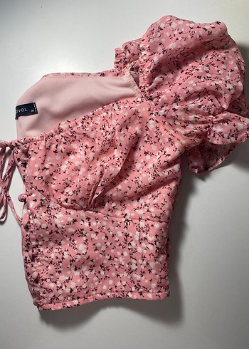 s Beden pembe Renk Düğmeli Pembe Çiçekli Mini Bluz
