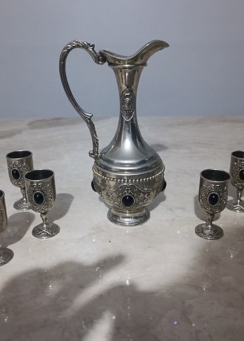 Antika Gümüş Renkli Klasik Sürahi ve Bardak Seti - Görsel 3