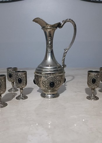 Antika Gümüş Renkli Klasik Sürahi ve Bardak Seti - Görsel 5