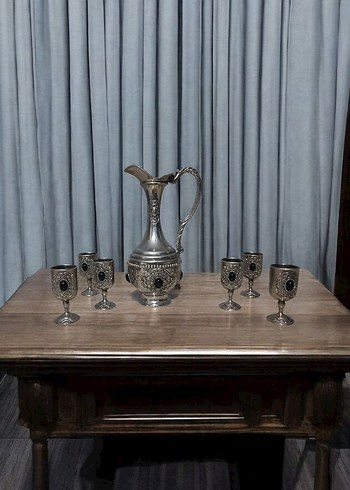 Antika Gümüş Renkli Klasik Sürahi ve Bardak Seti - Görsel 2