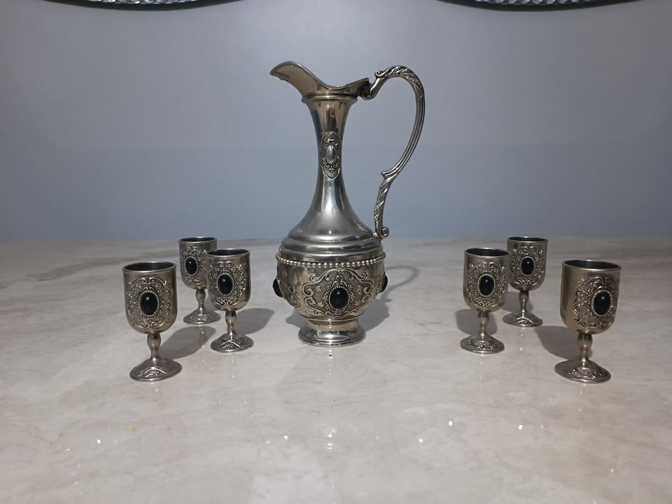 Antika Gümüş Renkli Klasik Sürahi ve Bardak Seti - Görsel 5