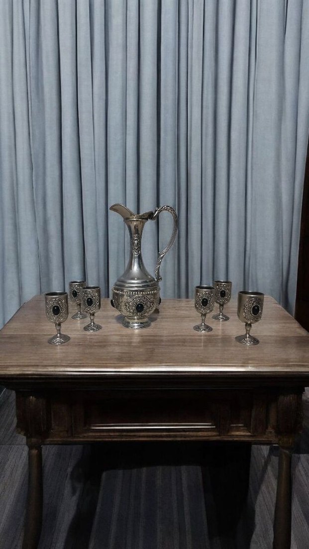 Antika Gümüş Renkli Klasik Sürahi ve Bardak Seti - Görsel 2
