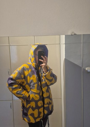 Sarı Gri Batik Desenli Kadın Midi Kaban - Görsel 10