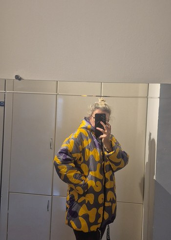 Sarı Gri Batik Desenli Kadın Midi Kaban - Görsel 8