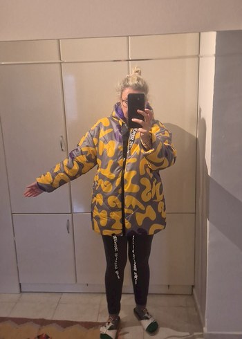 Sarı Gri Batik Desenli Kadın Midi Kaban - Görsel 4