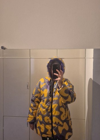 Sarı Gri Batik Desenli Kadın Midi Kaban - Görsel 9