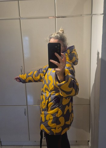 Sarı Gri Batik Desenli Kadın Midi Kaban - Görsel 7