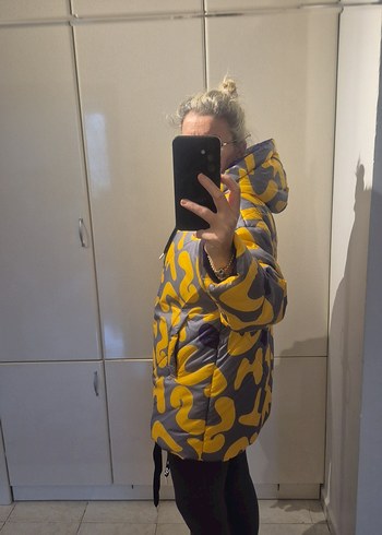 Sarı Gri Batik Desenli Kadın Midi Kaban - Görsel 6