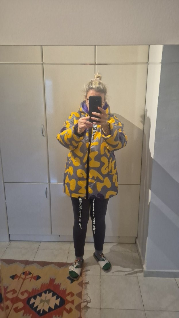 Sarı Gri Batik Desenli Kadın Midi Kaban - Görsel 2