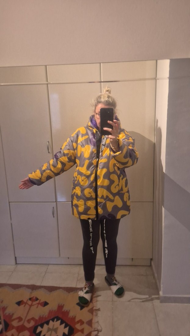 Sarı Gri Batik Desenli Kadın Midi Kaban - Görsel 4