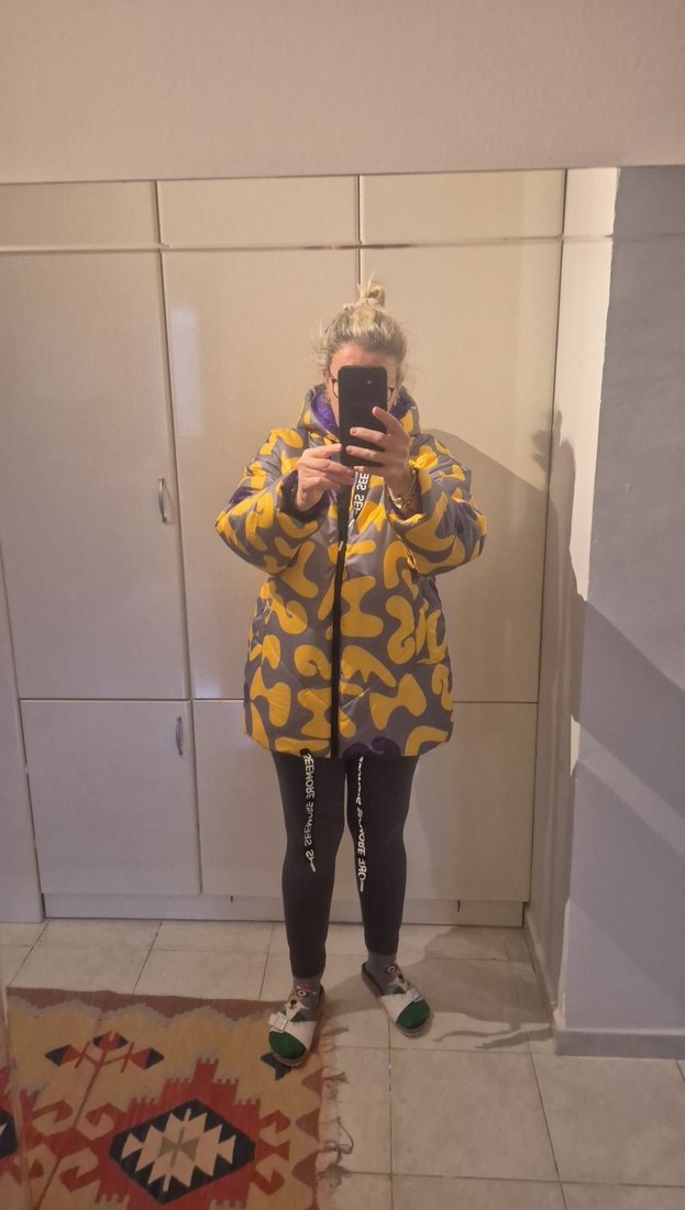 Sarı Gri Batik Desenli Kadın Midi Kaban - Görsel 3