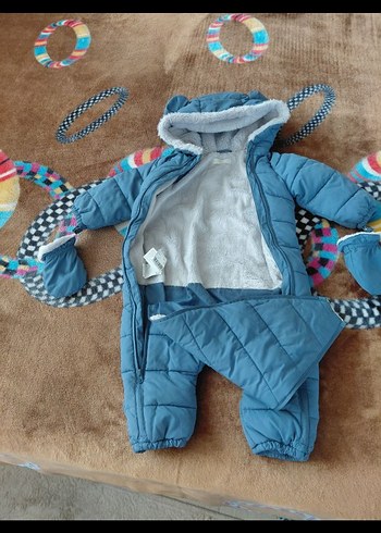 Mavi Peluş Bebek Kar Tulumu Kapüşonlu - Görsel 2