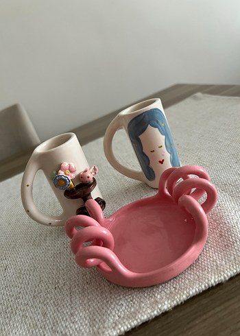 Pembe Renkli Seramik Kupa ve Tabak Seti - Görsel 2