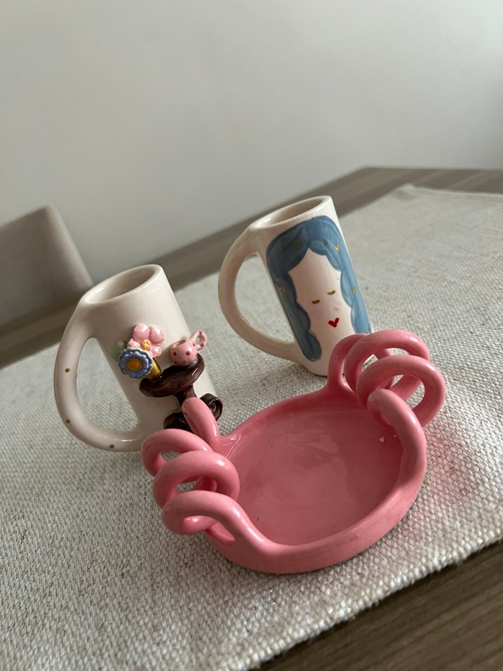 Pembe Renkli Seramik Kupa ve Tabak Seti - Görsel 2