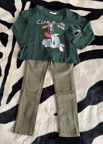 Kemerli Kız Çocuk Geniş Kesim Haki Pantolon - Görsel 5