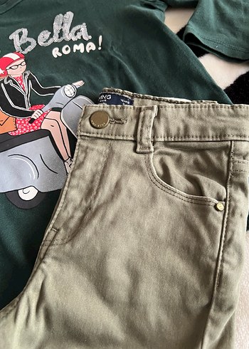 Kemerli Kız Çocuk Geniş Kesim Haki Pantolon - Görsel 2