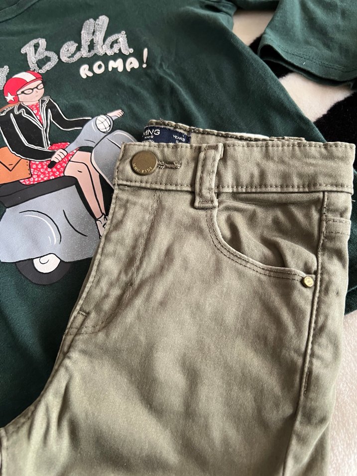 Kemerli Kız Çocuk Geniş Kesim Haki Pantolon - Görsel 2