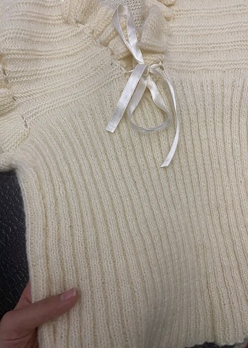 V Yaka Krem Örgü Kolsuz Kadın Süveter - Görsel 3
